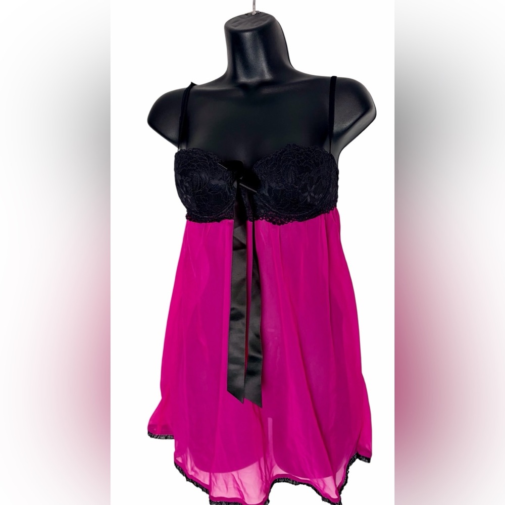 Vintage La Senza Hot Pink & Black Lace Padded Babydoll Slip